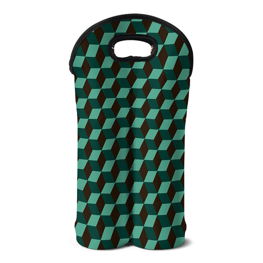 Dark Green Geometric Cube Pattern Print Double Neoprene Wine Tote