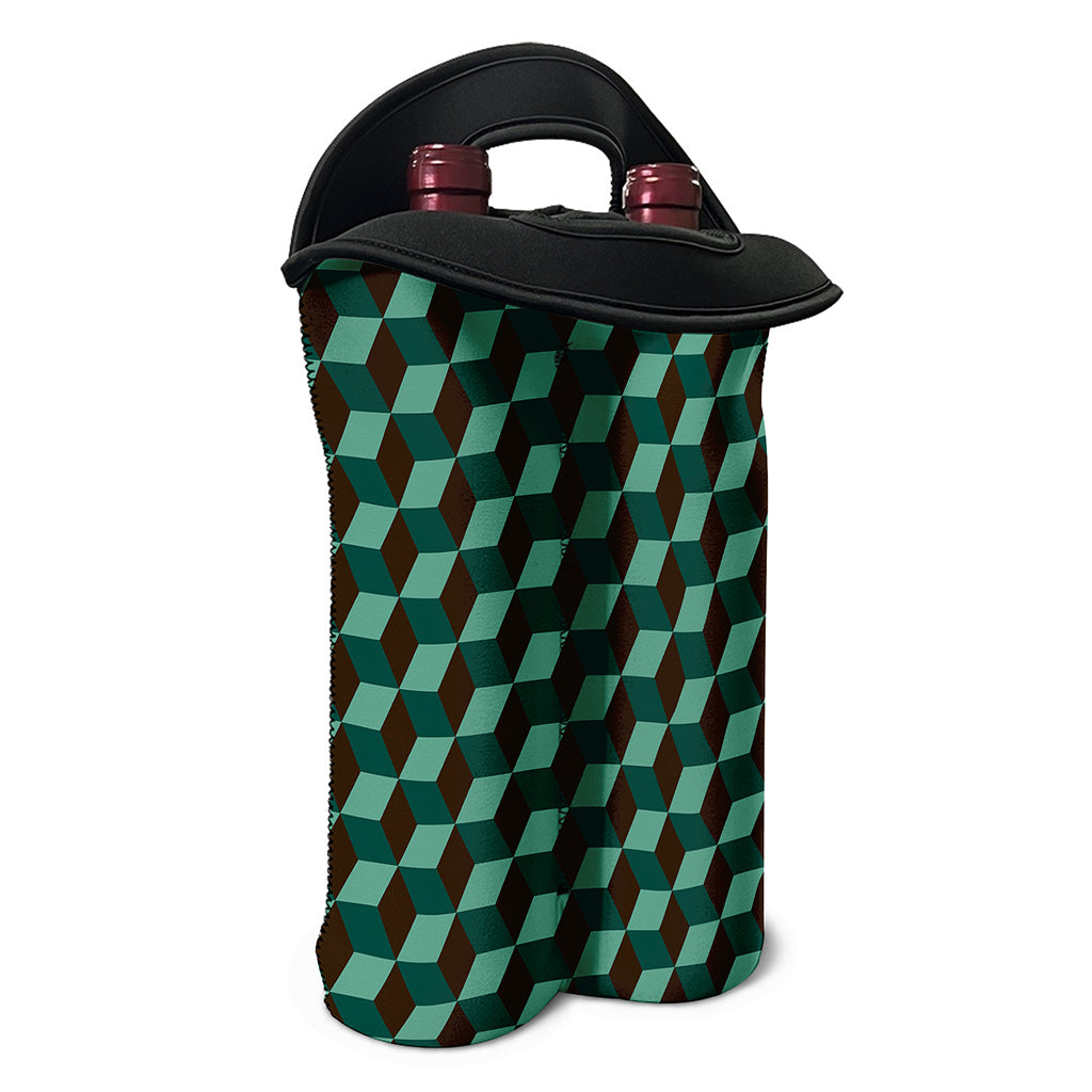 Dark Green Geometric Cube Pattern Print Double Neoprene Wine Tote