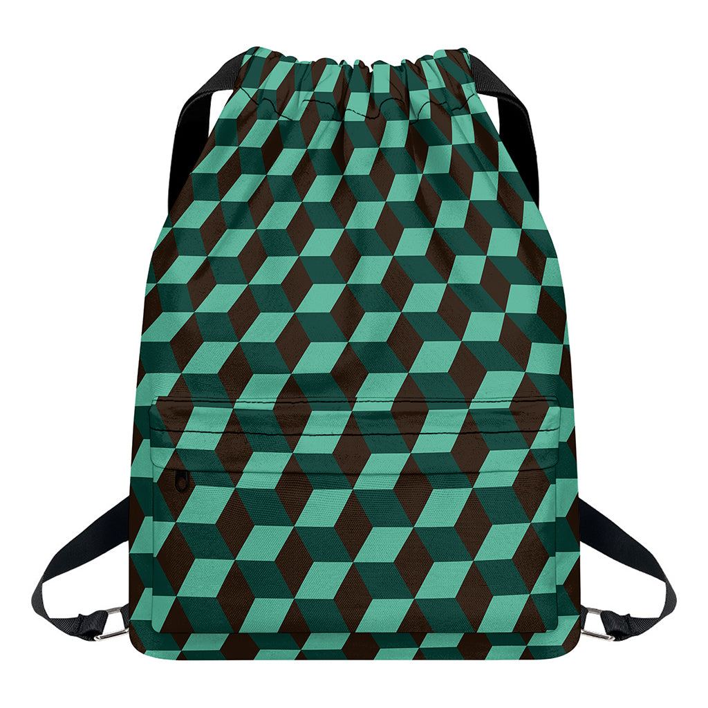 Dark Green Geometric Cube Pattern Print Drawstring Backpack
