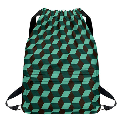 Dark Green Geometric Cube Pattern Print Drawstring Backpack