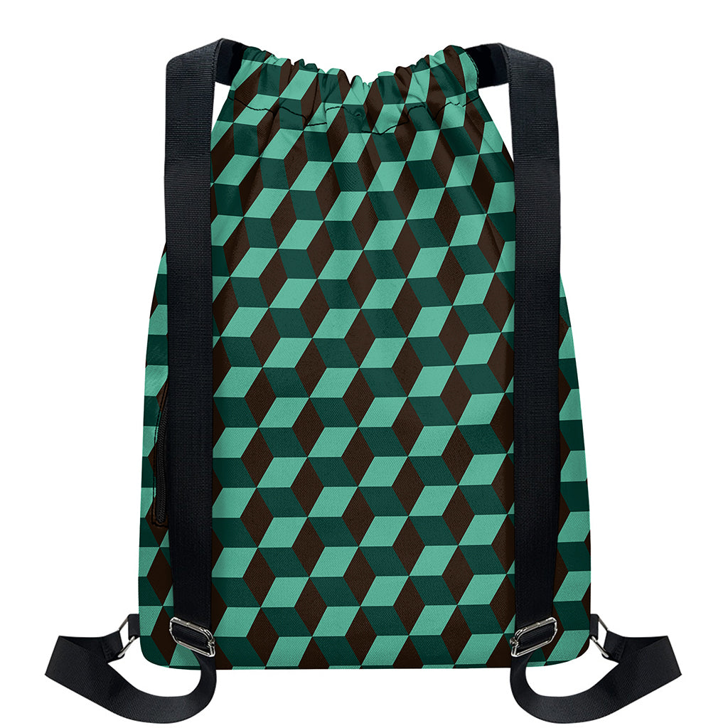 Dark Green Geometric Cube Pattern Print Drawstring Backpack