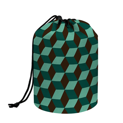 Dark Green Geometric Cube Pattern Print Drawstring Makeup Bag