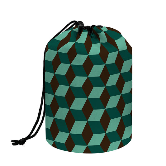Dark Green Geometric Cube Pattern Print Drawstring Makeup Bag