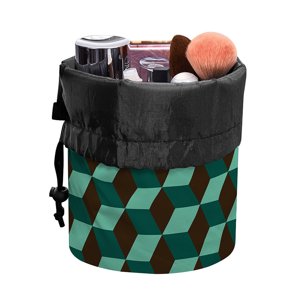 Dark Green Geometric Cube Pattern Print Drawstring Makeup Bag