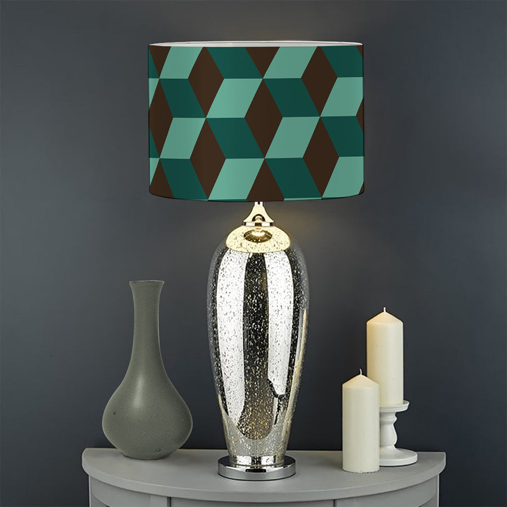 Dark Green Geometric Cube Pattern Print Drum Lamp Shade