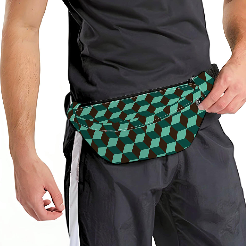 Dark Green Geometric Cube Pattern Print Fanny Pack