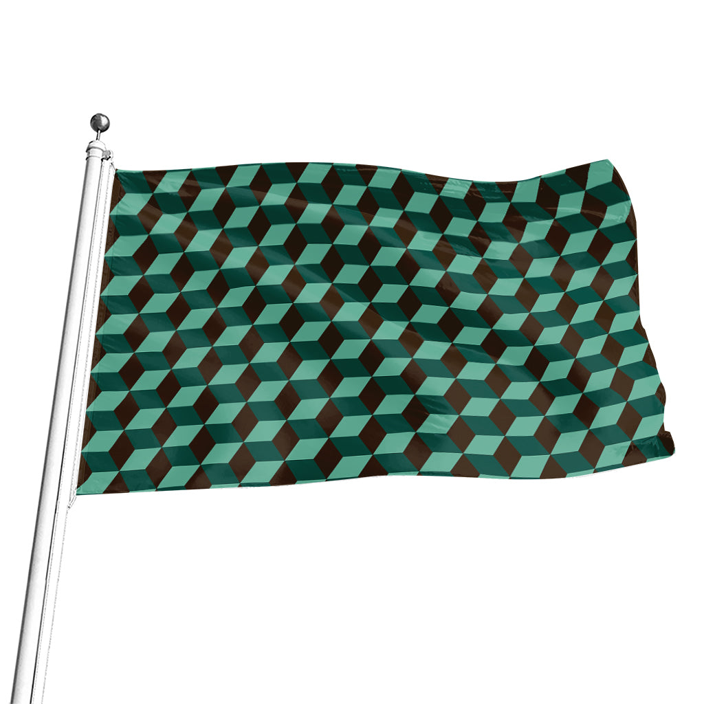 Dark Green Geometric Cube Pattern Print Flag