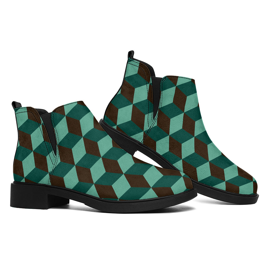 Dark Green Geometric Cube Pattern Print Flat Ankle Boots