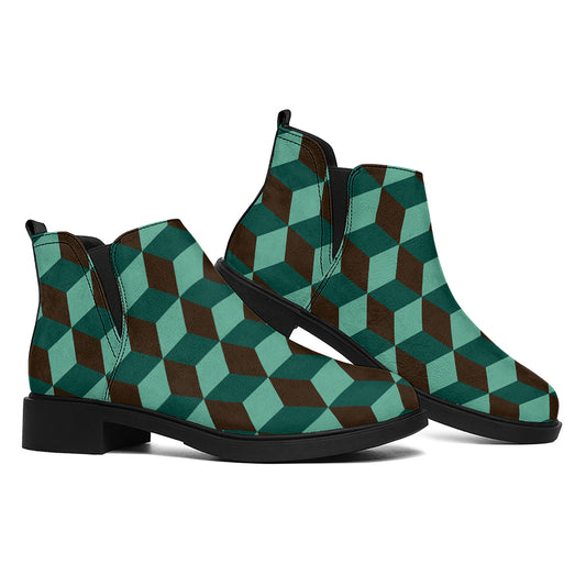 Dark Green Geometric Cube Pattern Print Flat Ankle Boots