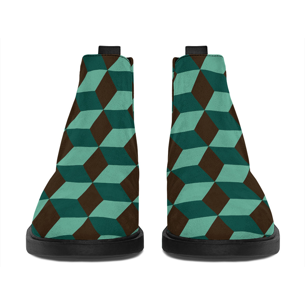 Dark Green Geometric Cube Pattern Print Flat Ankle Boots