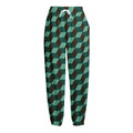 Dark Green Geometric Cube Pattern Print Fleece Lined Knit Pants