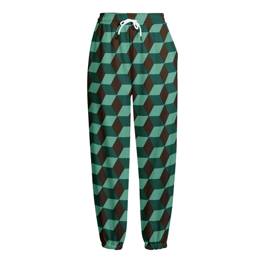 Dark Green Geometric Cube Pattern Print Fleece Lined Knit Pants
