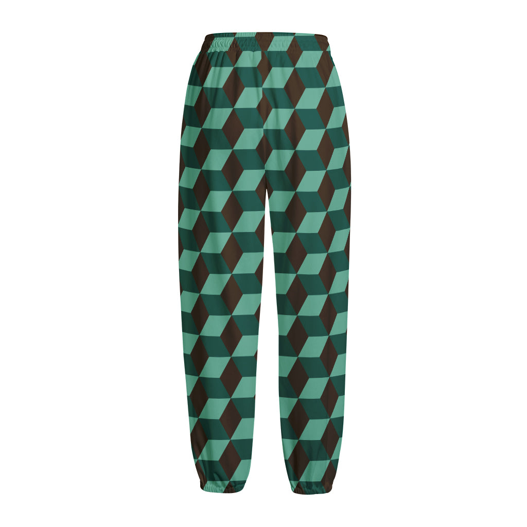 Dark Green Geometric Cube Pattern Print Fleece Lined Knit Pants