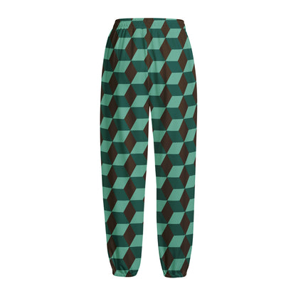 Dark Green Geometric Cube Pattern Print Fleece Lined Knit Pants