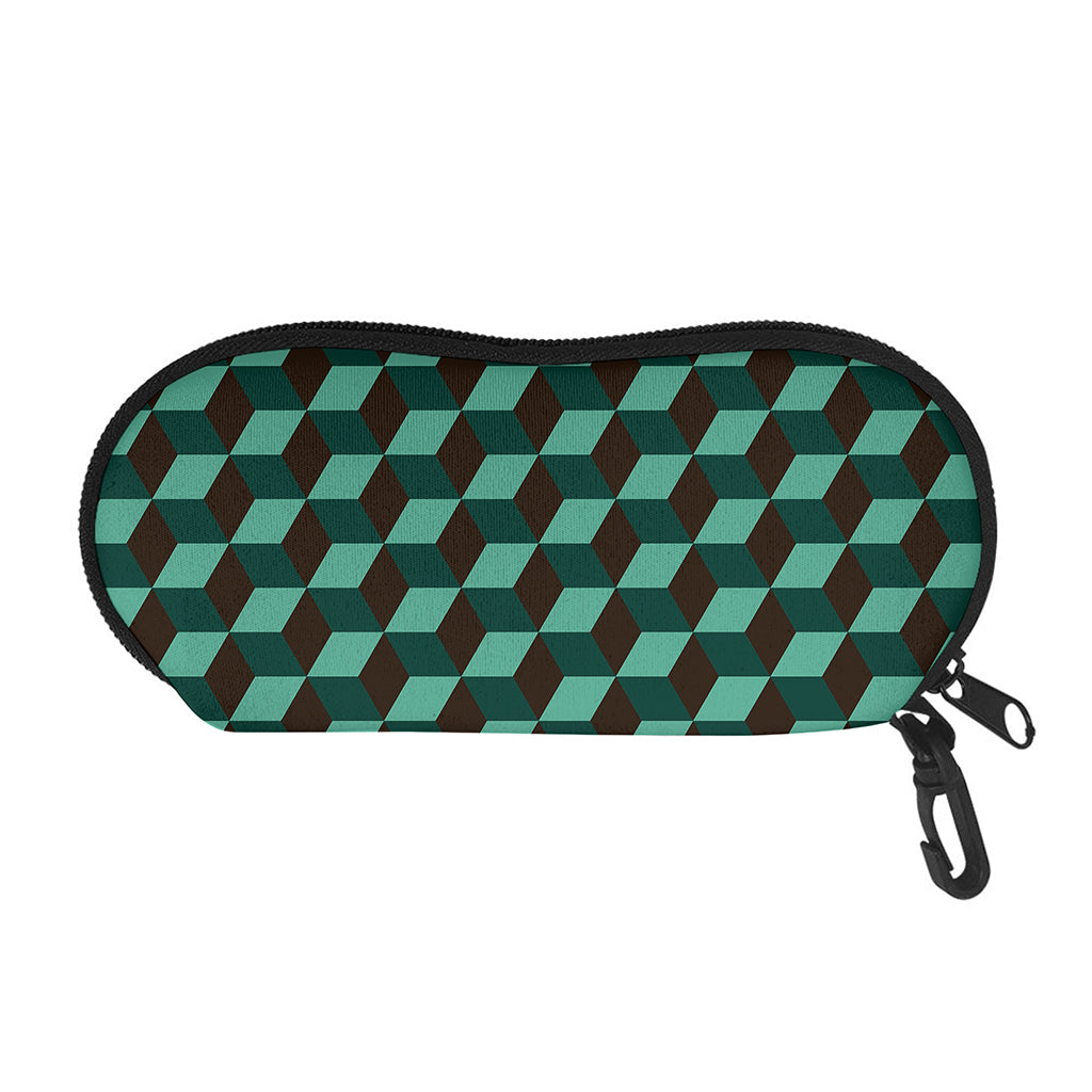 Dark Green Geometric Cube Pattern Print Glasses Case