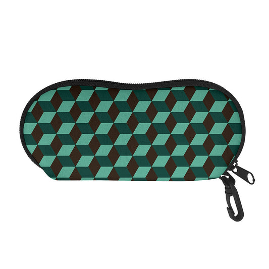 Dark Green Geometric Cube Pattern Print Glasses Case