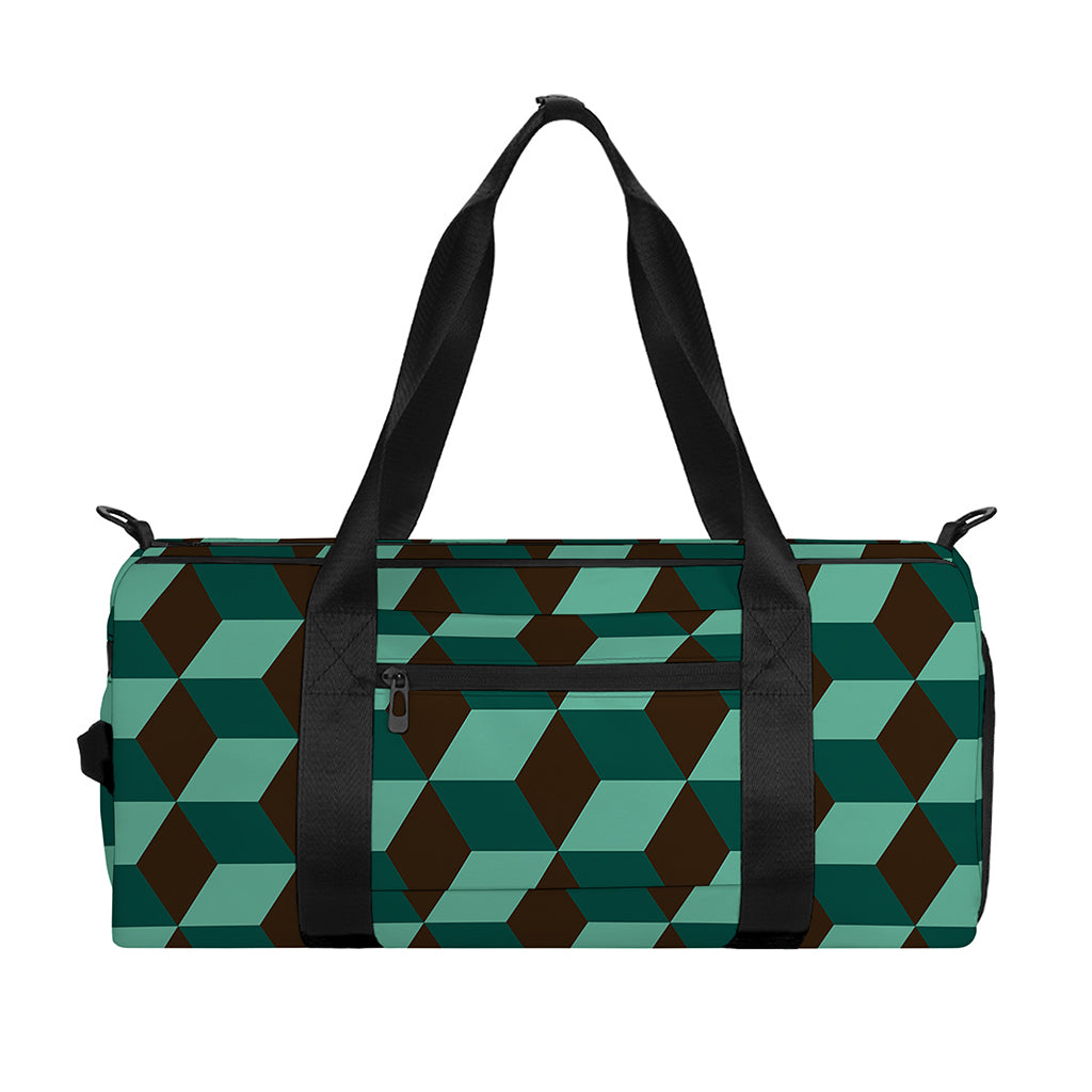 Dark Green Geometric Cube Pattern Print Gym Bag