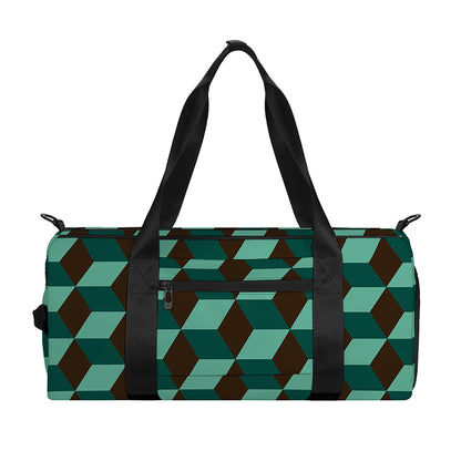 Dark Green Geometric Cube Pattern Print Gym Bag