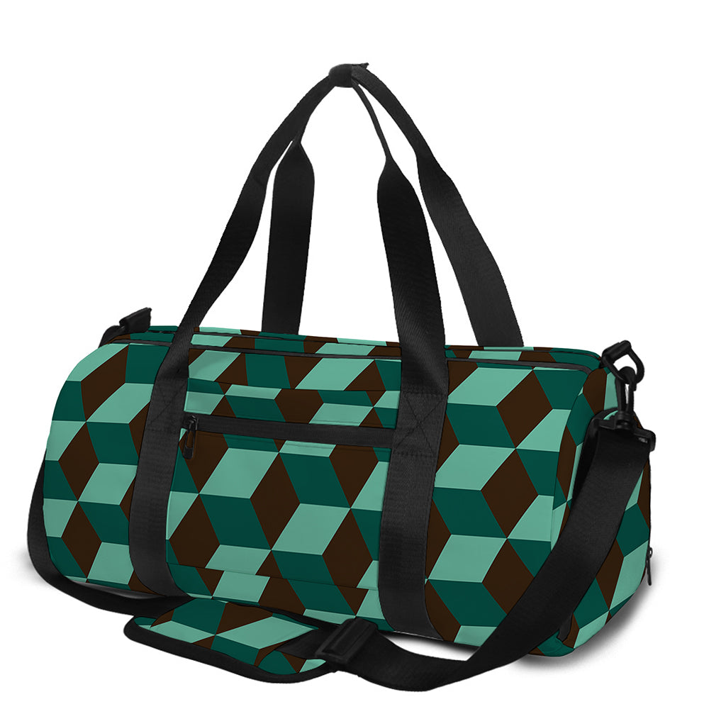 Dark Green Geometric Cube Pattern Print Gym Bag