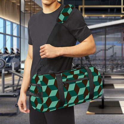 Dark Green Geometric Cube Pattern Print Gym Bag