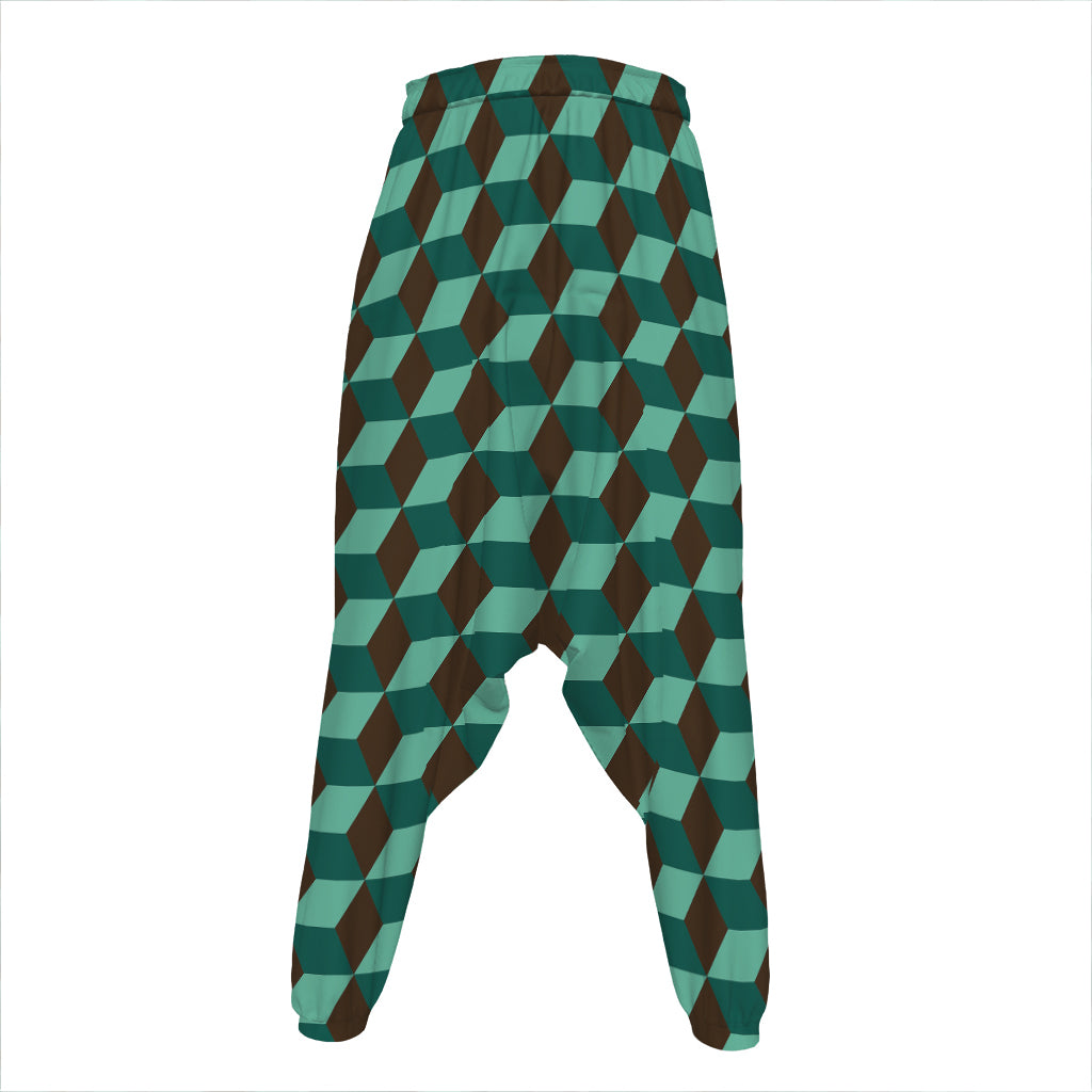 Dark Green Geometric Cube Pattern Print Hammer Pants
