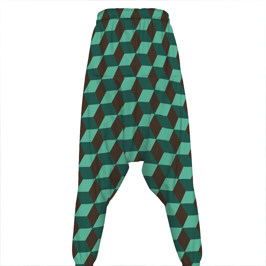 Dark Green Geometric Cube Pattern Print Hammer Pants