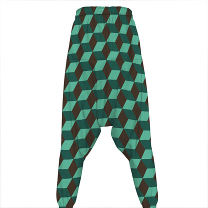 Dark Green Geometric Cube Pattern Print Hammer Pants