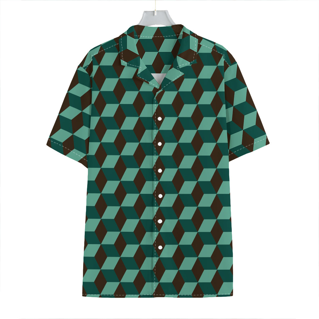 Dark Green Geometric Cube Pattern Print Hawaiian Shirt