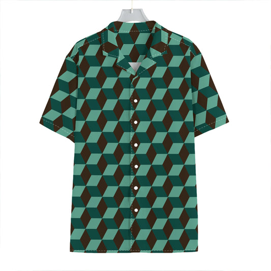 Dark Green Geometric Cube Pattern Print Hawaiian Shirt
