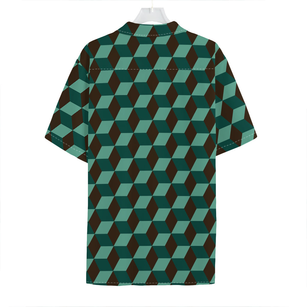 Dark Green Geometric Cube Pattern Print Hawaiian Shirt