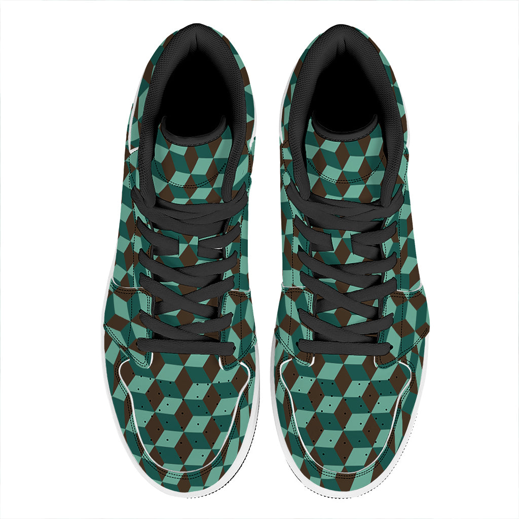 Dark Green Geometric Cube Pattern Print High Top Leather Sneakers