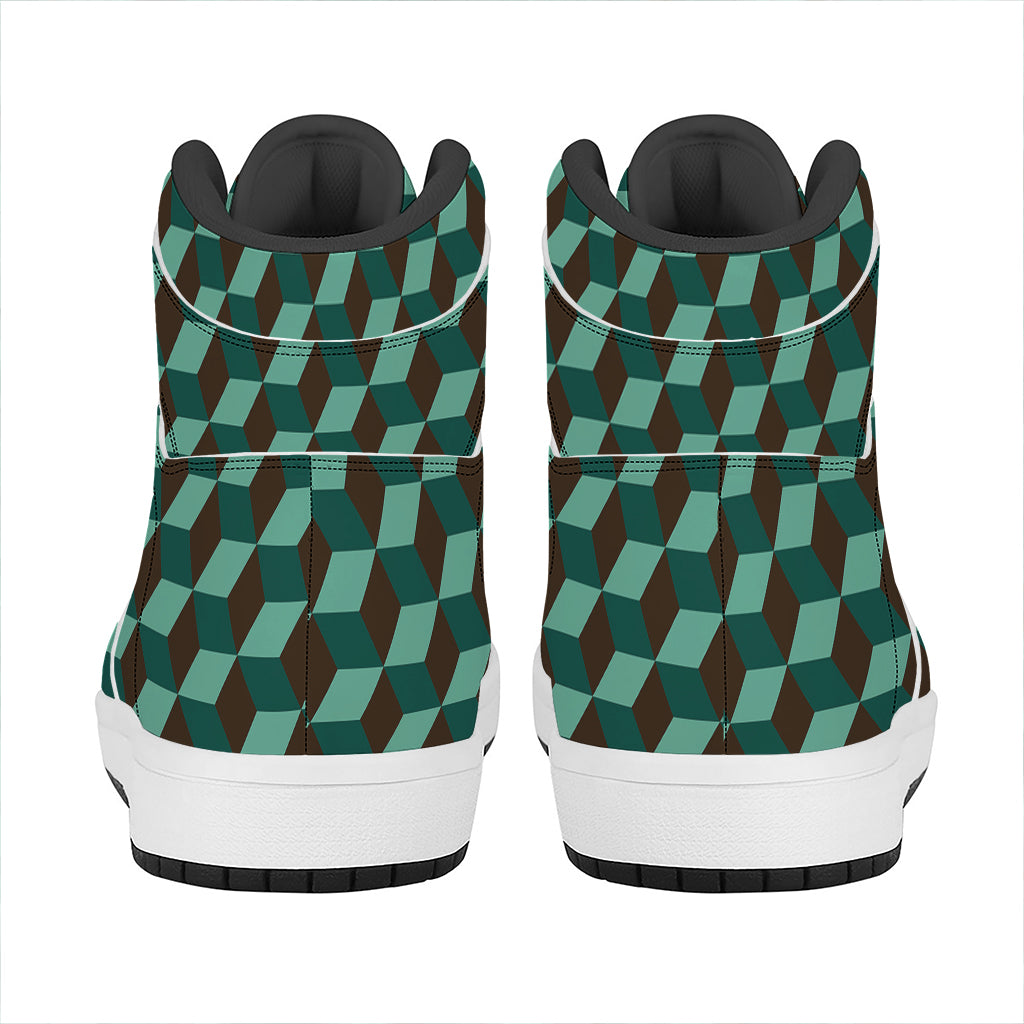 Dark Green Geometric Cube Pattern Print High Top Leather Sneakers