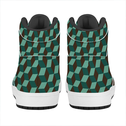 Dark Green Geometric Cube Pattern Print High Top Leather Sneakers