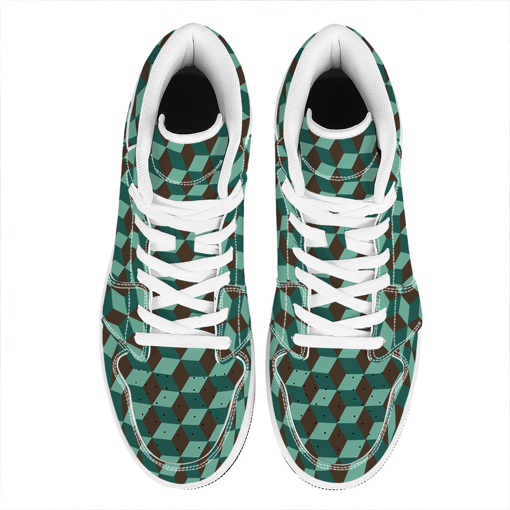 Dark Green Geometric Cube Pattern Print High Top Leather Sneakers