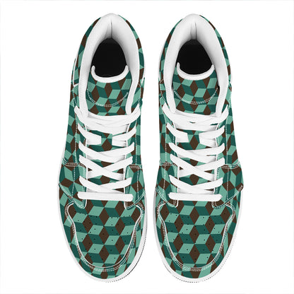 Dark Green Geometric Cube Pattern Print High Top Leather Sneakers