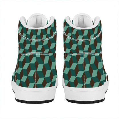 Dark Green Geometric Cube Pattern Print High Top Leather Sneakers