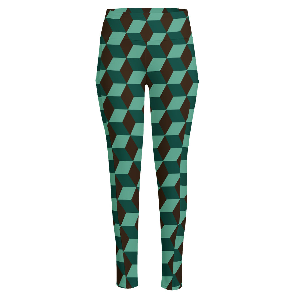 Dark Green Geometric Cube Pattern Print High-Waisted Pocket Leggings