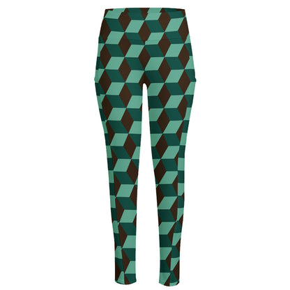Dark Green Geometric Cube Pattern Print High-Waisted Pocket Leggings