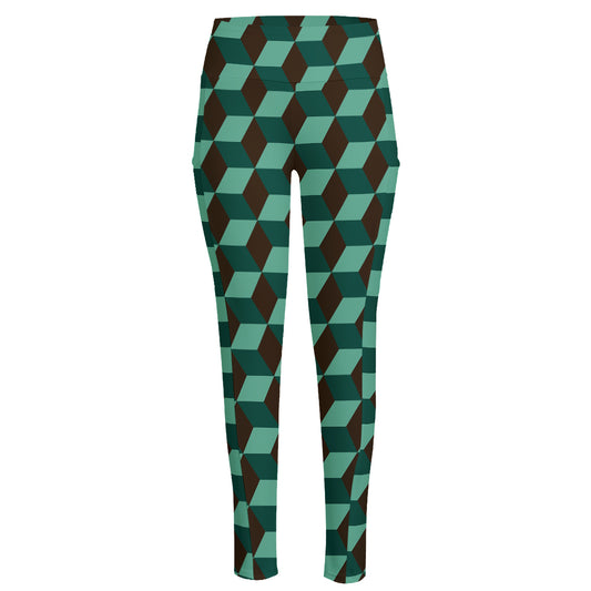 Dark Green Geometric Cube Pattern Print High-Waisted Pocket Leggings