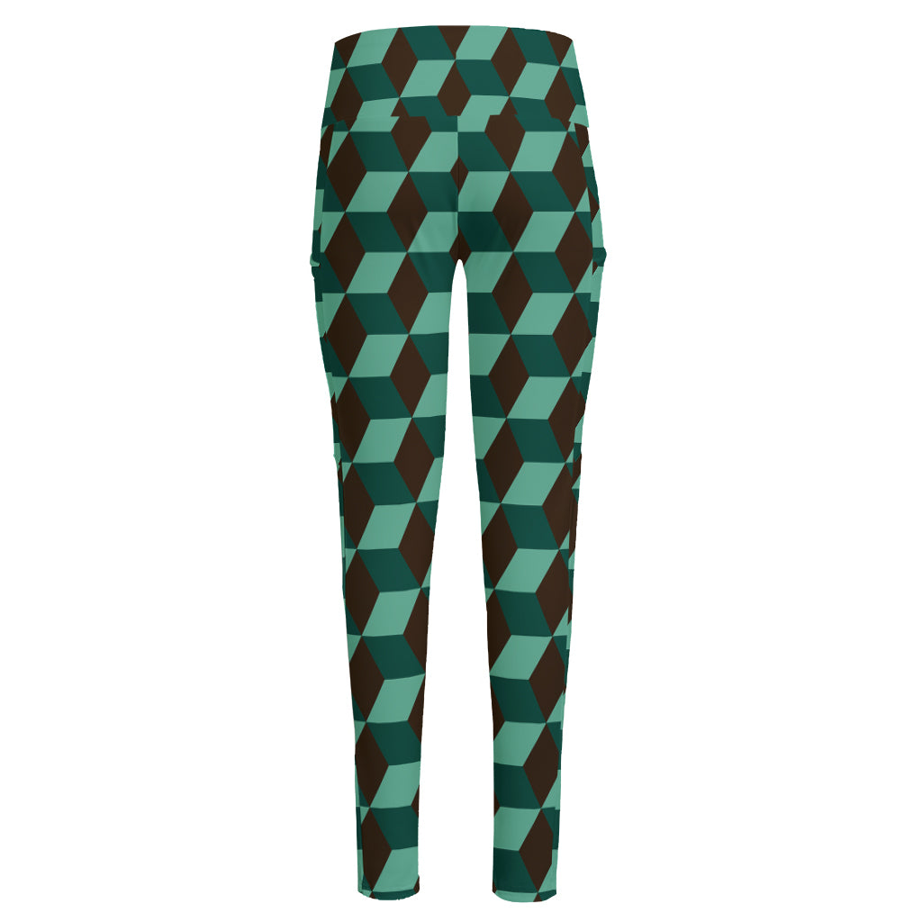 Dark Green Geometric Cube Pattern Print High-Waisted Pocket Leggings