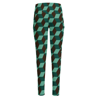 Dark Green Geometric Cube Pattern Print High-Waisted Pocket Leggings
