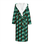 Dark Green Geometric Cube Pattern Print Hooded Bathrobe
