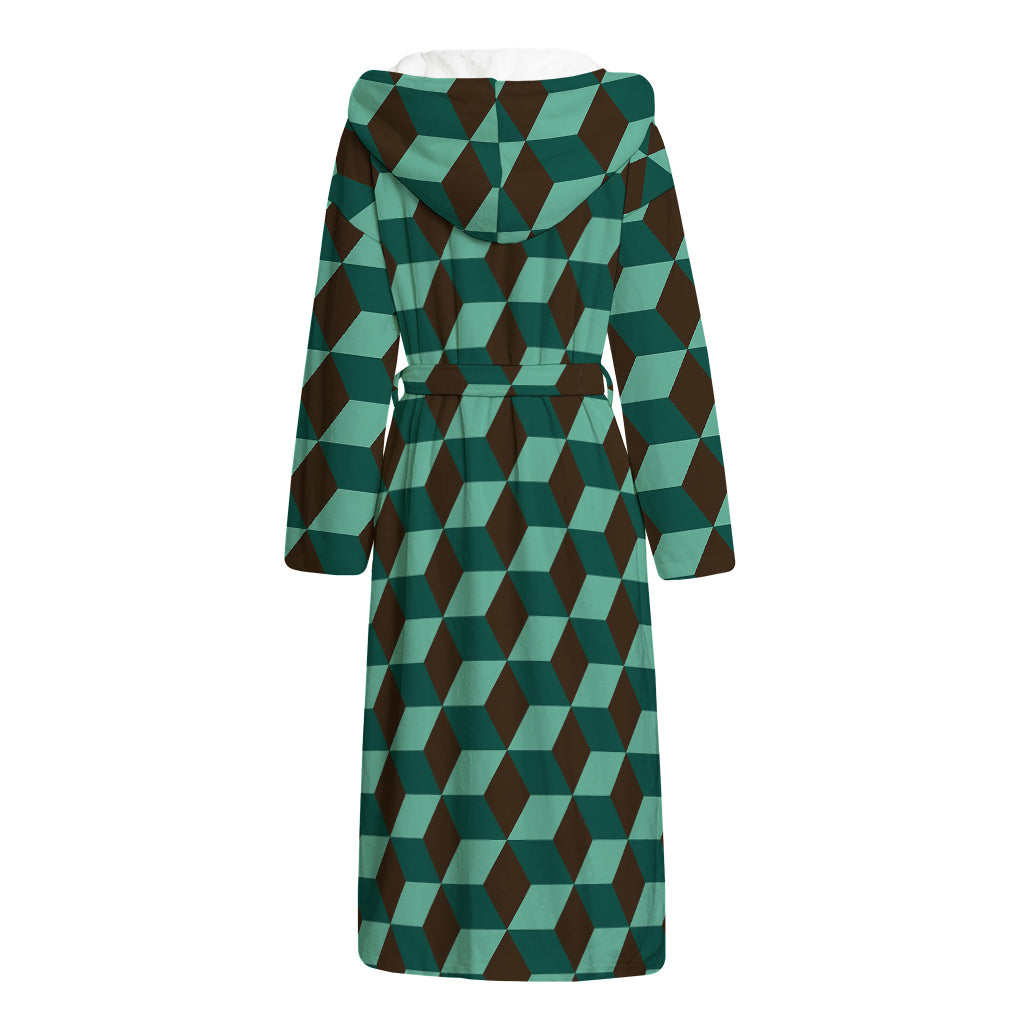 Dark Green Geometric Cube Pattern Print Hooded Bathrobe