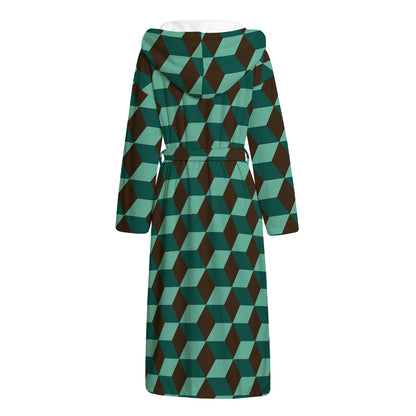 Dark Green Geometric Cube Pattern Print Hooded Bathrobe