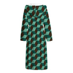 Dark Green Geometric Cube Pattern Print Hooded Bathrobe