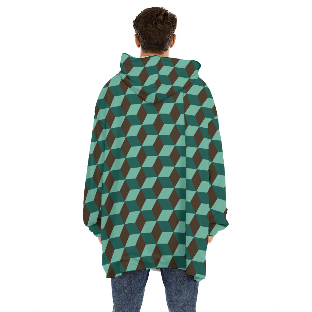Dark Green Geometric Cube Pattern Print Hoodie Blanket
