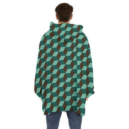 Dark Green Geometric Cube Pattern Print Hoodie Blanket