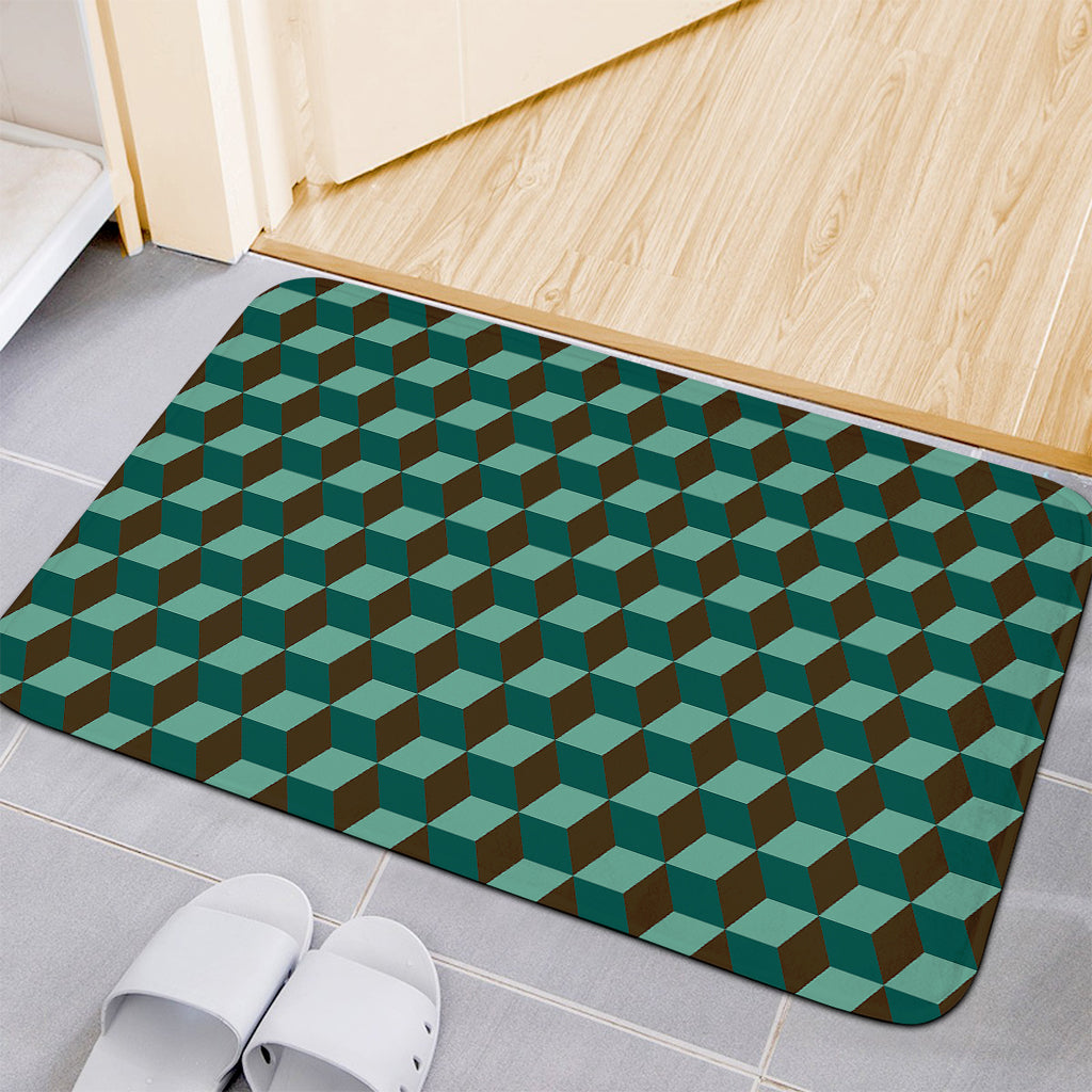Dark Green Geometric Cube Pattern Print Indoor Door Mat
