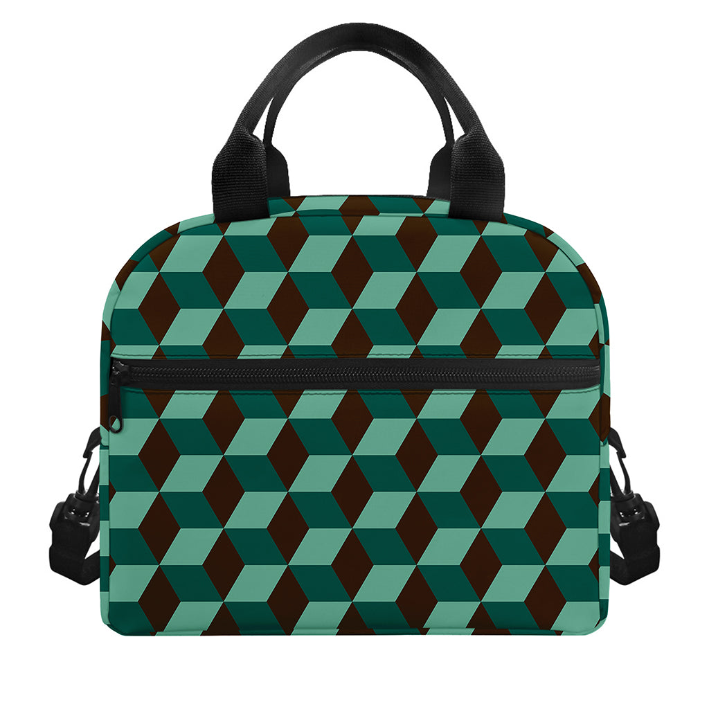Dark Green Geometric Cube Pattern Print Insulated Lunch Bag