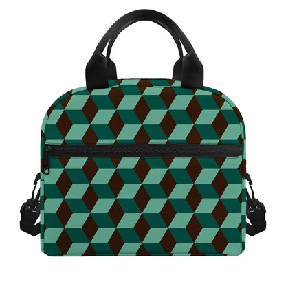 Dark Green Geometric Cube Pattern Print Insulated Lunch Bag